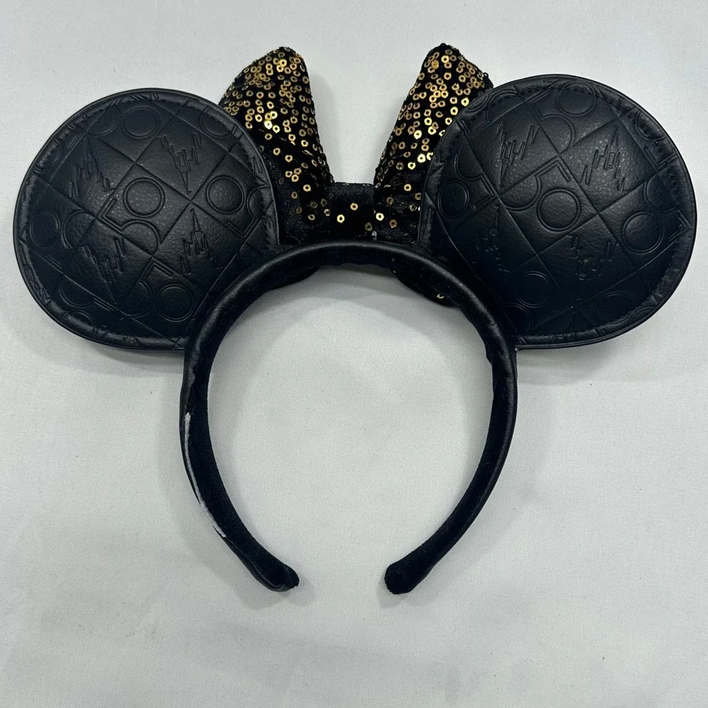 Disney Parks Walt Disney World 50th Anniversary Minnie Mouse Ears Black Gold Bow